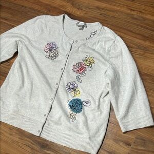 Grandmacore Embroidered Cardigan Gray Floral Button Front XL